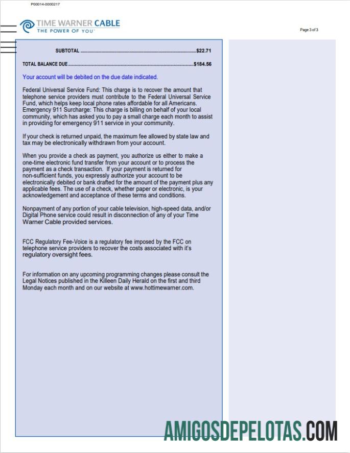para download Conta de serviços públicos da Time Warner Cable dos EUA, modelo Word e PDF, 3 páginas 3